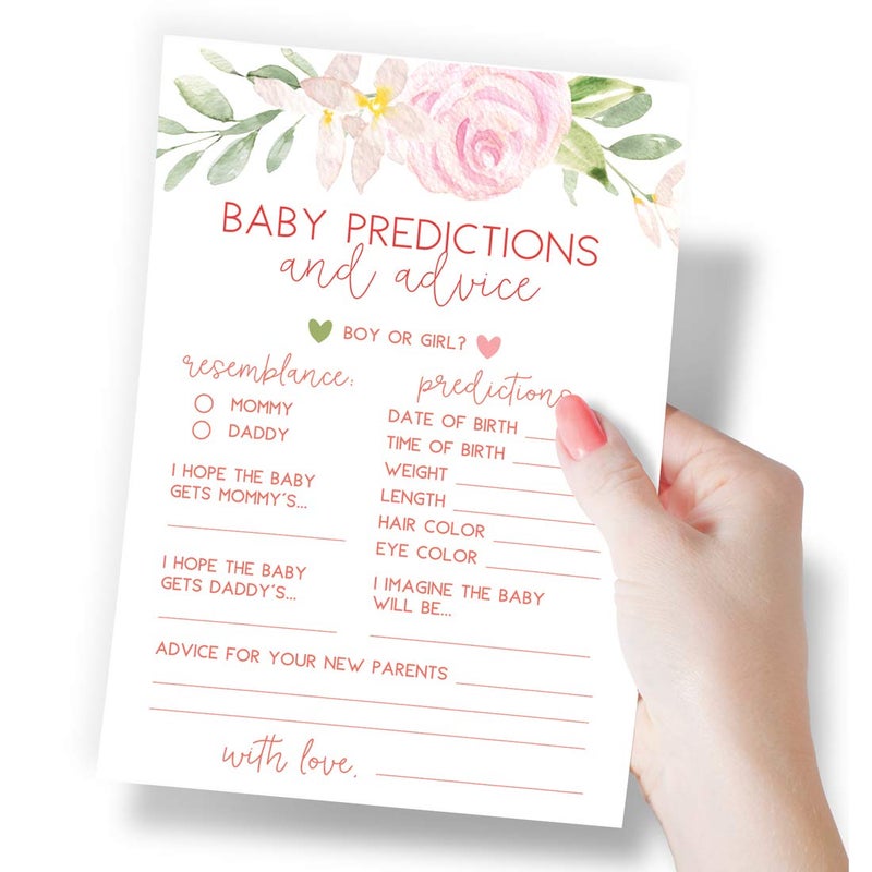 Printed Party Baby Predictions & Advice Cards for New Parents â€“ Baby Shower Game, Wishes for Mommy & Daddy, Floral Design for Baby Girl, 50 Cards - Image 2